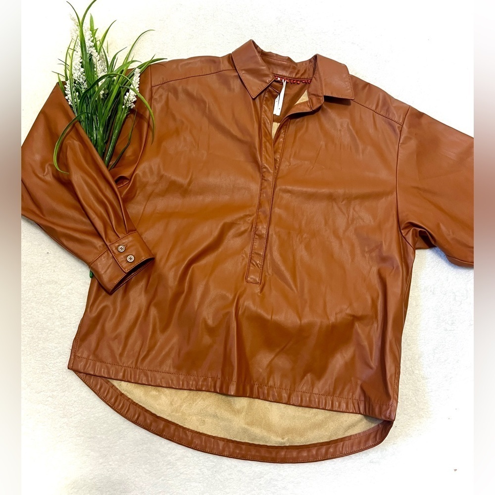 Anthropologie Cedar Faux Leather V-Neck Blouse - XS